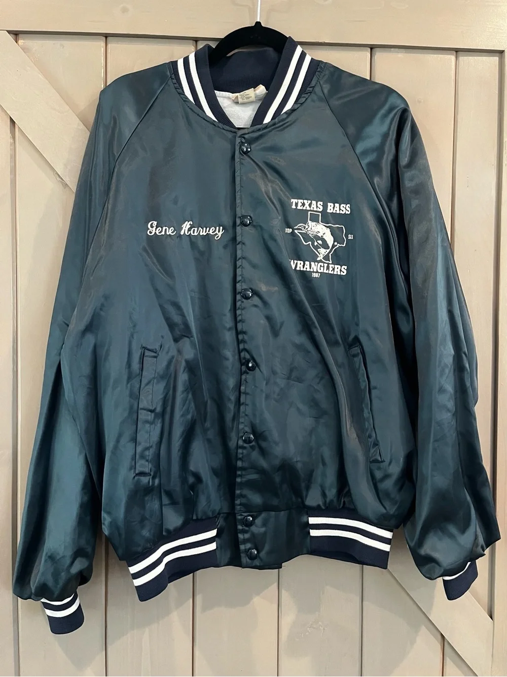 Vintage Texas Bass Wranglers Satin Bomber Jacket in Teal with White Trim